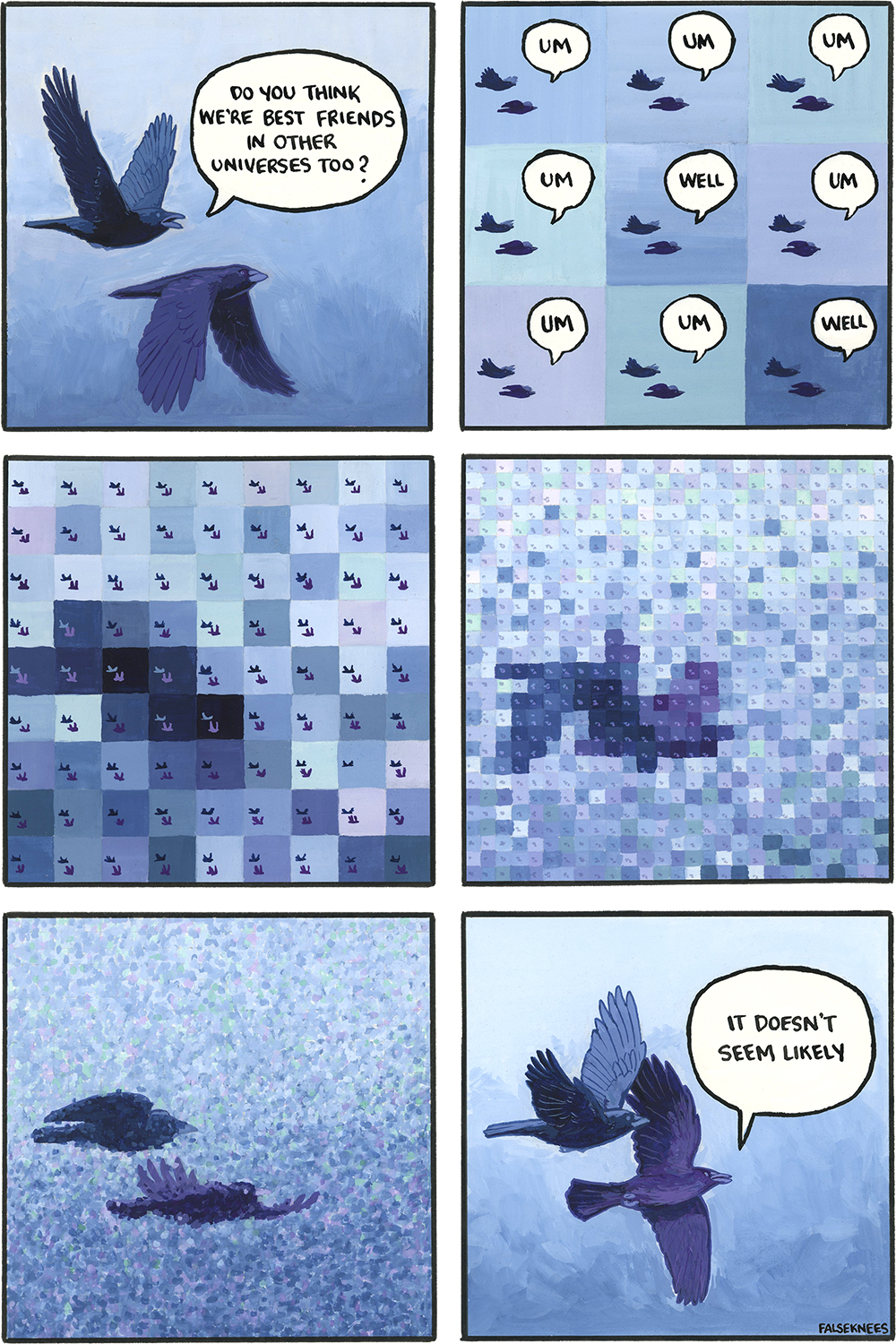 6_panel_comic ambiguous_gender artist_name avian beak bird black_body black_feathers comic dialogue duo english_text falseknees feathered_wings feathers feral flying hi_res open_beak open_mouth outside parallel_universe question sky speech_bubble tail tail_feathers talking_feral talking_to_another text wings