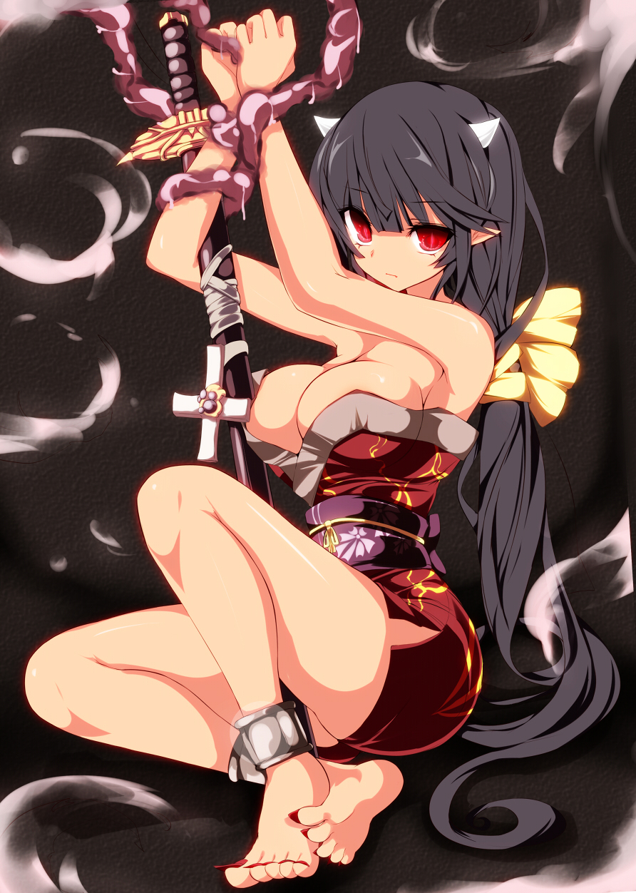 ankle_cuffs anklet arms_up bad_id bad_pixiv_id banned_artist bare_shoulders barefoot bdsm black_hair bondage bound breasts cleavage feet highres horns jewelry katana large_breasts long_hair long_toenails looking_at_viewer nail_polish original red_eyes shugami sitting soles solo sword tentacles toenails toes very_long_hair weapon