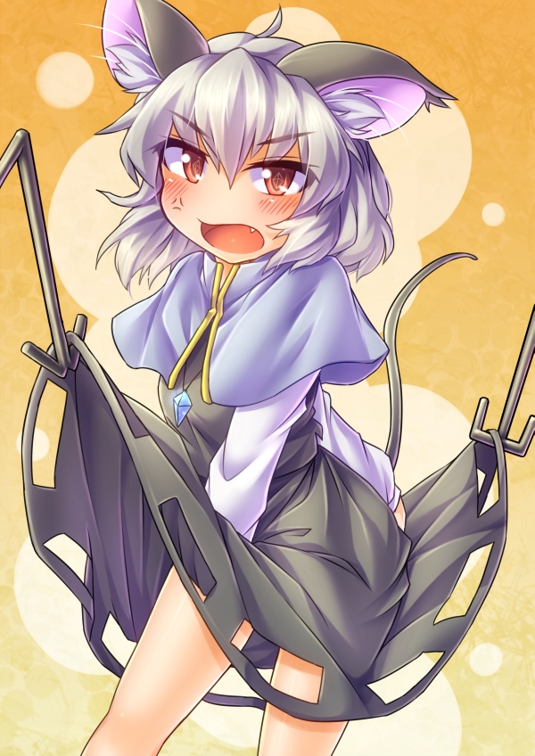 anger_vein animal_ears blush dowsing_rod fang fun_bo grey_hair jewelry looking_at_viewer mouse_ears mouse_tail nazrin open_mouth pendant red_eyes short_hair skirt skirt_lift solo symbol-shaped_pupils tail touhou