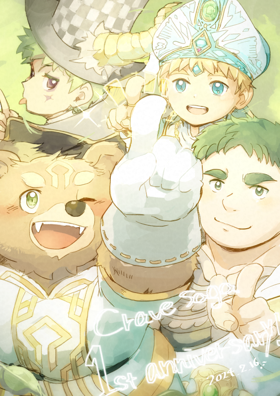 4boys animal_ears anniversary armor bear_boy bear_ears blonde_hair blue_eyes blush crave_saga dated demon_horns facial_mark fangs focalor_(crave_saga) gab_(crave_saga) gloves green_eyes green_hair hat hiratai_tori horns male_focus mitre multiple_boys nine_(crave_saga) one_eye_closed open_mouth pointing pointing_at_viewer pointing_up purple_eyes shmiel_(crave_saga) short_hair single_horn smile sparkle thick_eyebrows tongue tongue_out top_hat