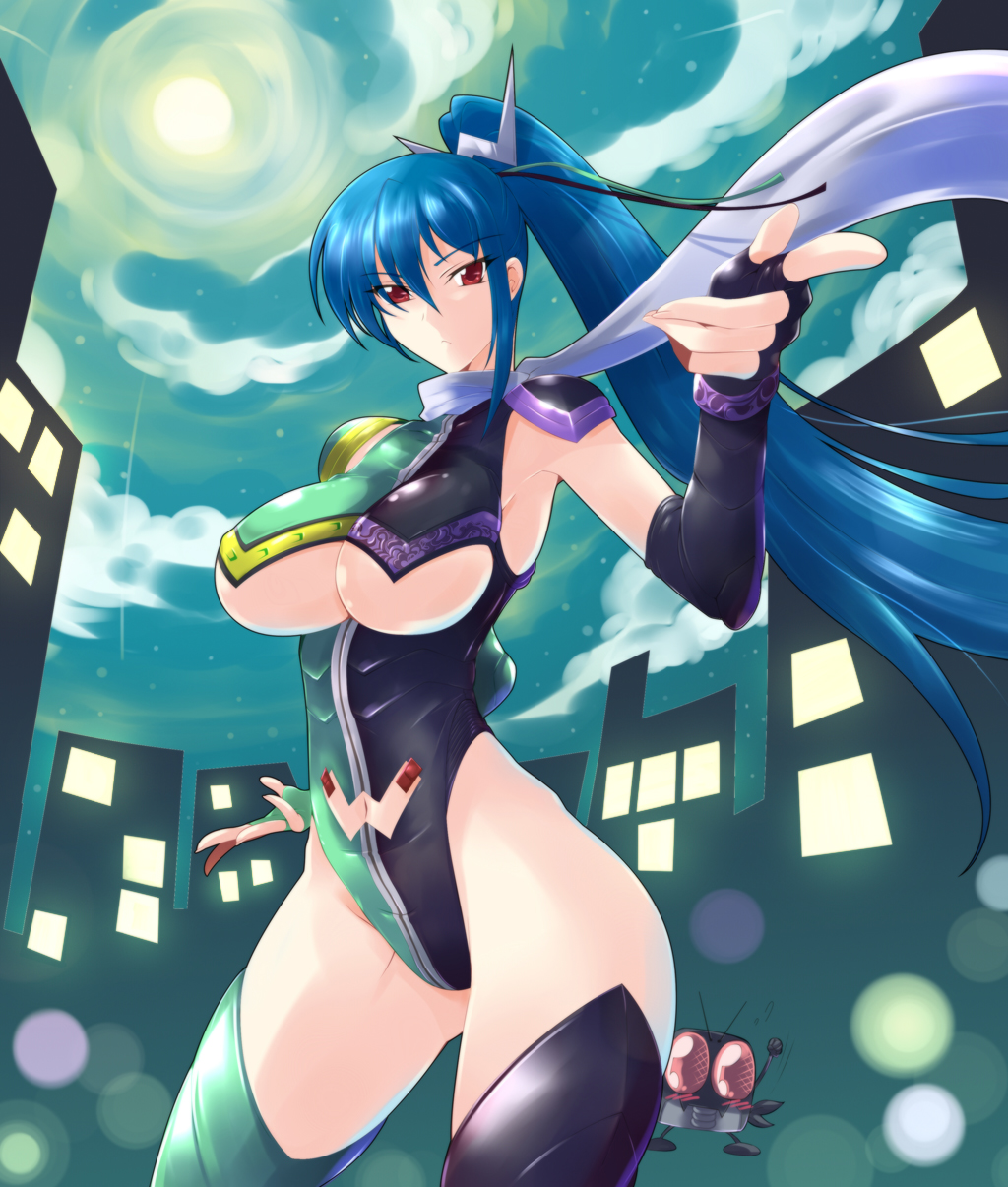 armpits blue_hair bodysuit breasts cloud elbow_gloves fingerless_gloves full_moon gloves haganef highres kamen_rider kamen_rider_double kamen_rider_w large_breasts moon navel personification ponytail red_eyes scarf sky solo thighhighs underboob