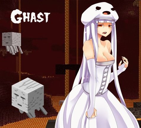 breasts cleavage dress elbow_gloves ghast gloves hat lava long_hair lowres minecraft molten_rock very_long_hair white_hair