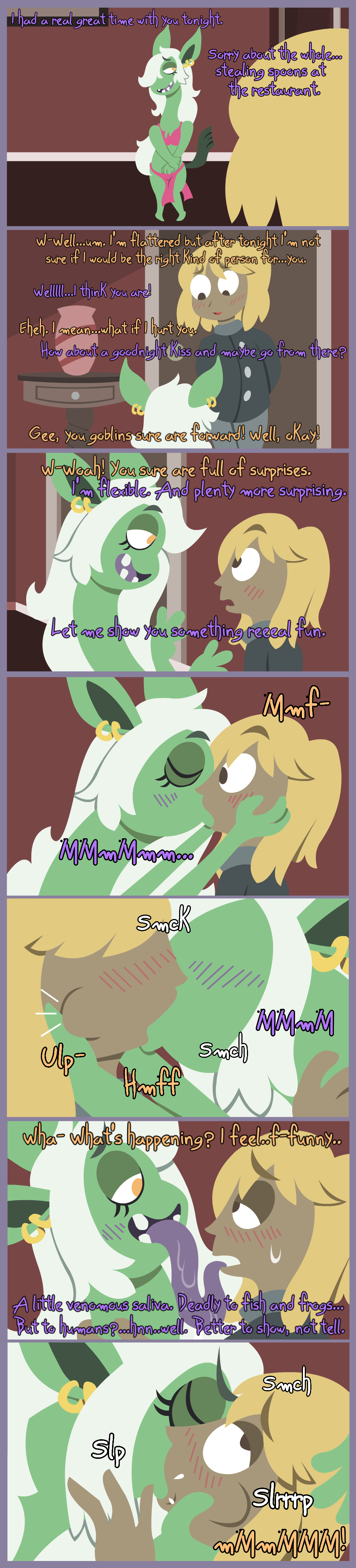 absurd_res anthro black_clothing blonde_hair bottomwear brown_eyes clothing comic dark_body dark_skin duo ear_piercing english_text female french_kissing goblin green_body green_skin hair hi_res horse_tail human humanoid humanoid_pointy_ears kissing loincloth long_hair long_image long_neck long_tongue male male/female mammal piercing pink_clothing purple_tongue shane_frost size_difference smaller_female tall_image text tongue vase white_hair yellow_eyes
