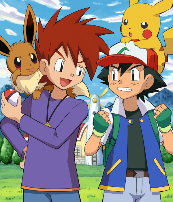 :p akanbe black_hair clenched_hands clenched_teeth eevee eye_contact fingerless_gloves gen_1_pokemon gloves hand_on_hip hat holding holding_poke_ball jewelry looking_at_another multiple_boys necklace on_head ookido_shigeru open_mouth parted_lips pikachu poke_ball poke_ball_(generic) pokemoa pokemon pokemon_(anime) pokemon_(classic_anime) pokemon_(creature) pokemon_on_head pokemon_on_shoulder satoshi_(pokemon) standing teeth tongue tongue_out uneven_eyes windmill