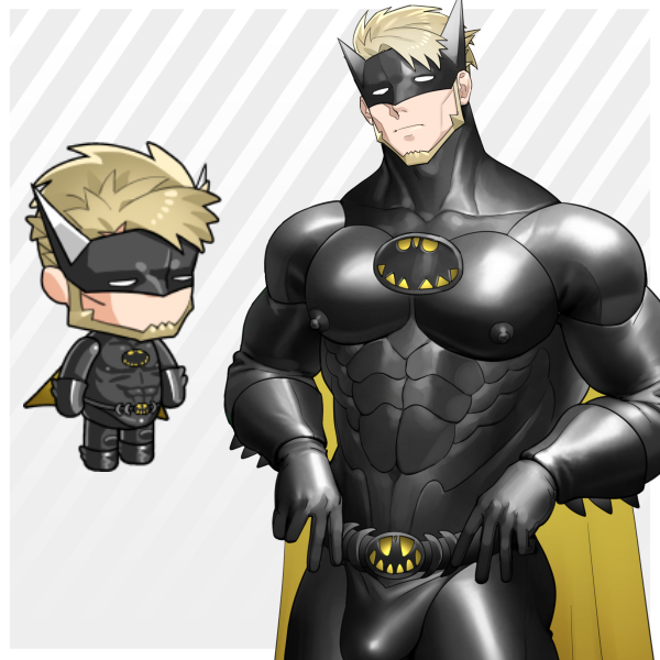 1boy adam's_apple bara batman batman_(cosplay) batman_(series) beard bulge character_request chibi cosplay covered_nipples cowboy_shot dc_comics ero_condo facial_hair full_beard kienbiu large_pectorals male_focus muscular muscular_male official_alternate_costume paid_reward_available pectorals short_hair simple_background solo standing superhero_costume