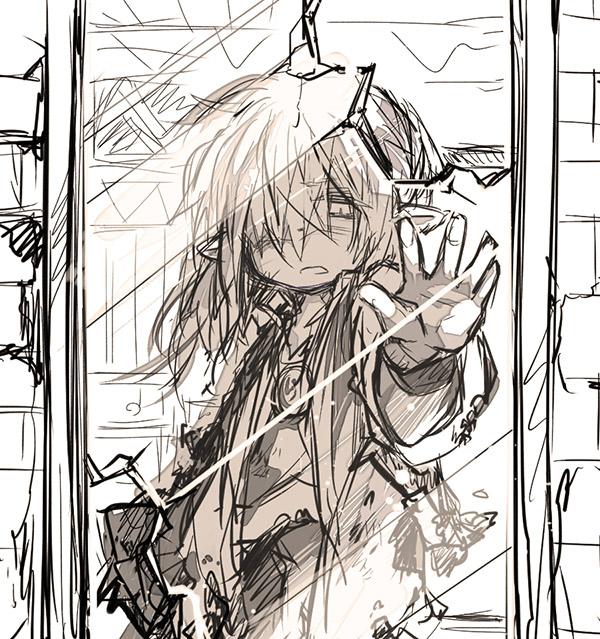 cloak final_fantasy final_fantasy_xi fujiwara_akina glass hair_over_one_eye looking_at_viewer male_focus mirror outstretched_arm pointy_ears reflection sad sketch solo tarutaru