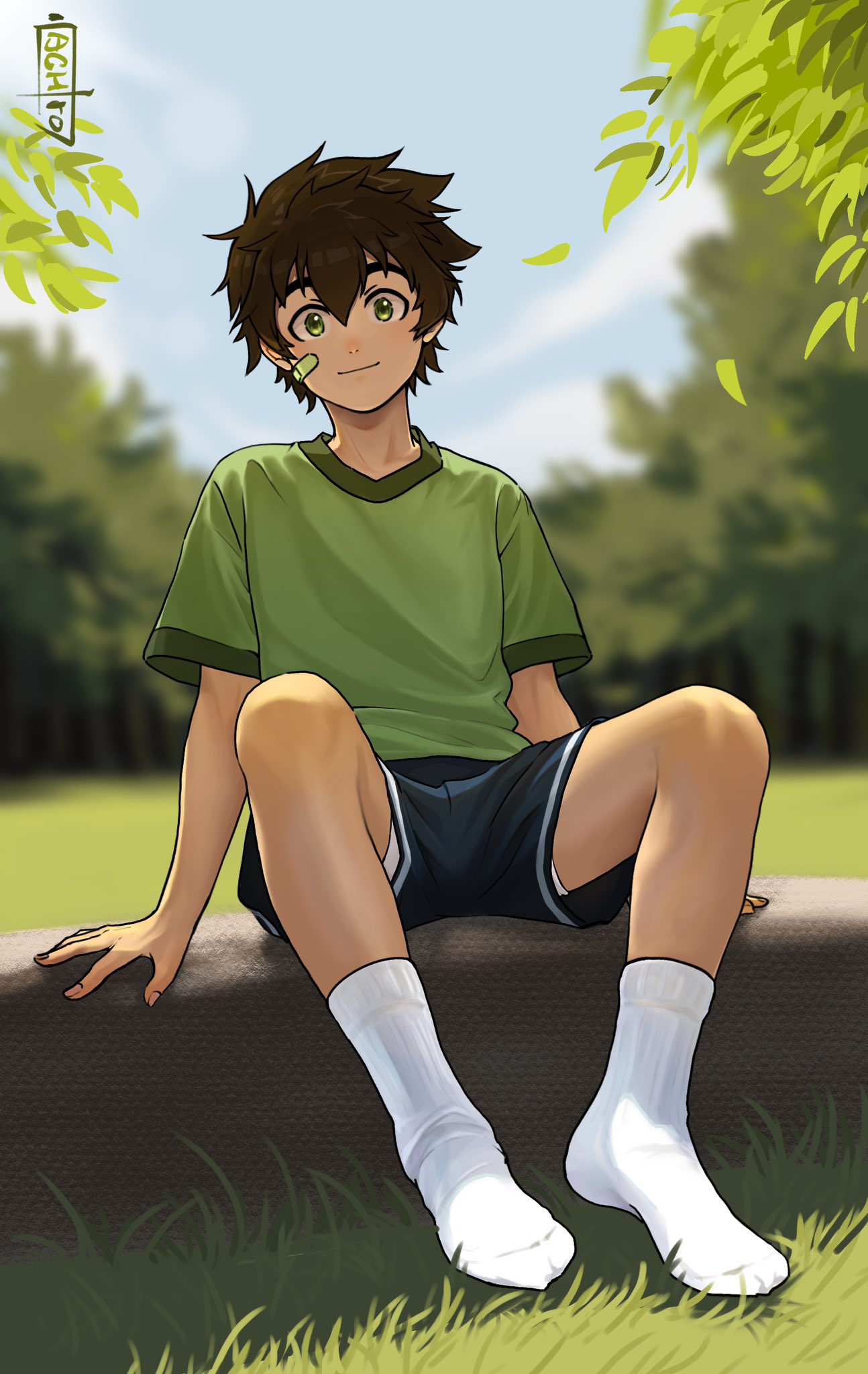 1boy achirocz bandaid bandaid_on_cheek bandaid_on_face bishounen blue_shorts blue_sky blurry blurry_background brown_hair camp_buddy closed_mouth grass green_eyes green_shirt hair_between_eyes highres leaf light_smile looking_at_viewer male_focus male_underwear nagame_keitaro outdoors revealing_clothes shirt short_hair short_sleeves shorts sitting sky socks solo tree underwear white_male_underwear white_socks