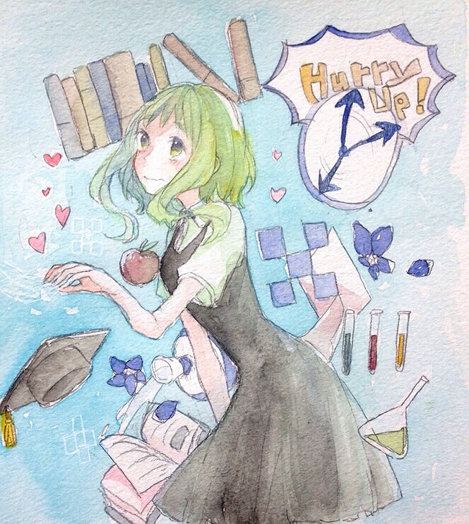 1girl apple black_dress blue_background blue_flower blush book bottle clock closed_mouth cowboy_shot dress english_text envelope erlenmeyer_flask flask floating floating_object flower food fruit green_eyes green_hair gumi hand_up hat heart leaning_forward long_hair mortarboard painting_(medium) paper pinafore_dress puffy_short_sleeves puffy_sleeves red_apple round-bottom_flask shirt shizumi_(saluck) short_hair short_sleeves sidelocks sleeveless sleeveless_dress solo standing test_tube traditional_media vocaloid watercolor_(medium) watercolor_pencil_(medium) wavy_mouth white_shirt yomosugara_kimi_omou_(vocaloid)