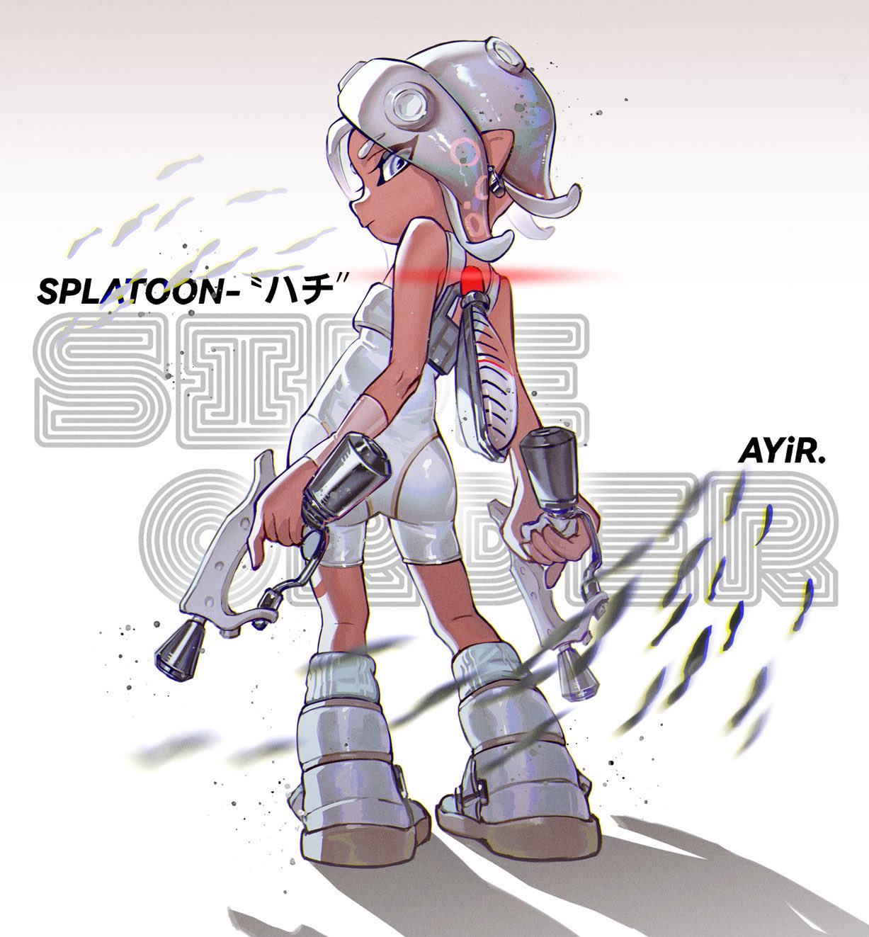 1girl agent_8_(splatoon) ange-yi arms_at_sides artist_name bare_shoulders bodysuit boots closed_mouth copyright_name dark-skinned_female dark_skin detached_sleeves dual_wielding earrings english_commentary fish from_behind full_body grey_eyes grey_hair highres holding holding_weapon ink_tank_(splatoon) jewelry long_hair looking_at_viewer looking_back octoling octoling_girl octoling_player_character order_dualies_(splatoon) see-through see-through_sleeves single_detached_sleeve sleeveless sleeveless_bodysuit socks solo splatoon_(series) splatoon_3 splatoon_3:_side_order suction_cups tentacle_hair weapon white_background white_bodysuit white_footwear white_socks