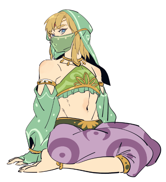 1boy arabian_clothes bare_shoulders blonde_hair blue_eyes bridal_gauntlets crossdressing detached_sleeves gerudo_set_(zelda) harem_pants jewelry link looking_at_viewer male_focus mouth_veil navel official_alternate_costume otoko_no_ko pants pointy_ears rani_grb solo stomach the_legend_of_zelda the_legend_of_zelda:_breath_of_the_wild veil