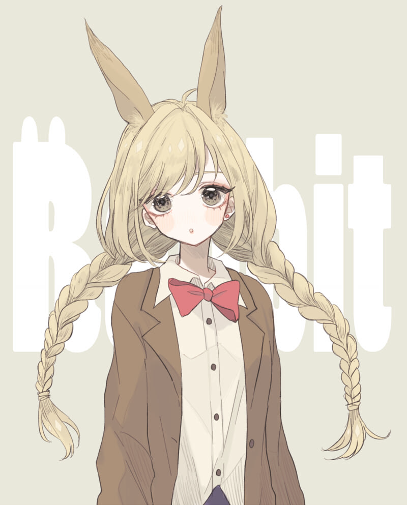 1girl 382 :o animal_ears blonde_hair bow bowtie braid brown_jacket buttons collared_shirt commentary_request earrings english_text extra_ears jacket jewelry long_hair long_sleeves looking_at_viewer open_clothes open_jacket original parted_lips rabbit_ears red_bow red_bowtie shirt simple_background skirt solo stud_earrings text_background twin_braids twintails two-tone_background upper_body white_shirt