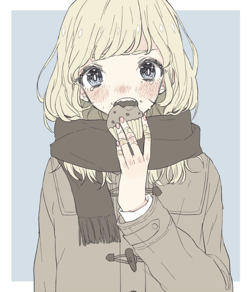 1girl 382 bandaid bandaid_on_hand black_scarf blonde_hair blue_background blue_eyes blunt_bangs blush border brown_coat coat cupcake duffel_coat eating food food_on_face holding holding_food long_hair long_sleeves looking_at_viewer open_mouth original outside_border scarf simple_background solo tears upper_body white_border