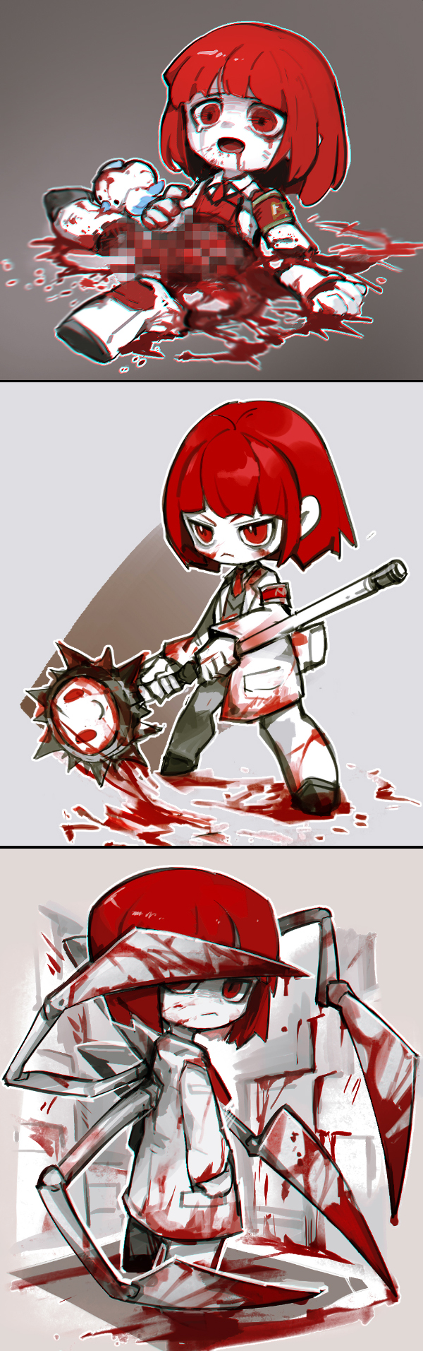 1girl all-around_helper armband blood censored circular_saw closed_mouth coat e.g.o_(project_moon) employee_(project_moon) flaw_eight gloves guro highres lobotomy_corporation long_sleeves looking_at_viewer multiple_views open_mouth project_moon punishing_bird red_armband red_eyes red_hair red_vest saw short_hair vest white_coat white_gloves