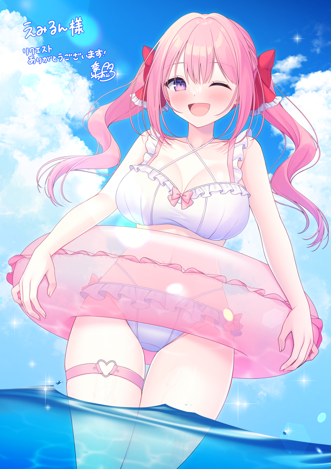 1girl bikini blue_sky breasts commission hair_between_eyes hair_ornament highres medium_breasts midriff nata_ichio navel one_eye_closed open_mouth original pink_eyes pink_hair pink_innertube skeb_commission sky smile solo stomach swimsuit twintails water white_bikini