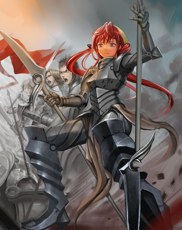armor bad_id bad_pixiv_id hat original polearm red_eyes red_hair shijima_(tanfn) spear twintails weapon