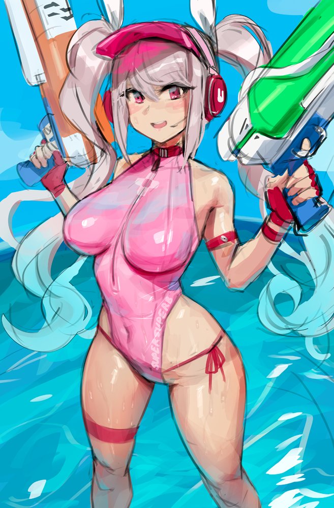 1girl alice_(nikke) bare_shoulders breasts day eu03 gloves goddess_of_victory:_nikke headphones holding holding_water_gun large_breasts long_hair ocean one-piece_swimsuit outdoors pink_eyes pink_one-piece_swimsuit swimsuit thigh_strap twintails water_gun