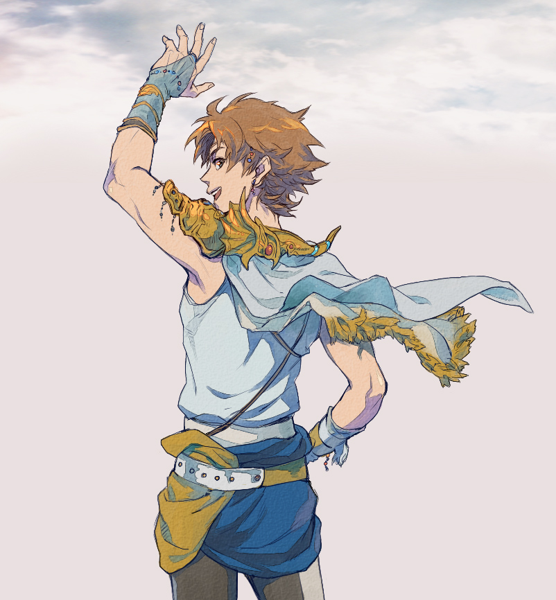 bad_id bad_pixiv_id blue_eyes bridal_gauntlets brown_hair butz_klauser cape dissidia_final_fantasy final_fantasy final_fantasy_v from_behind hand_on_hip male_focus open_mouth shiga_(nattou_mo) smile solo standing waving