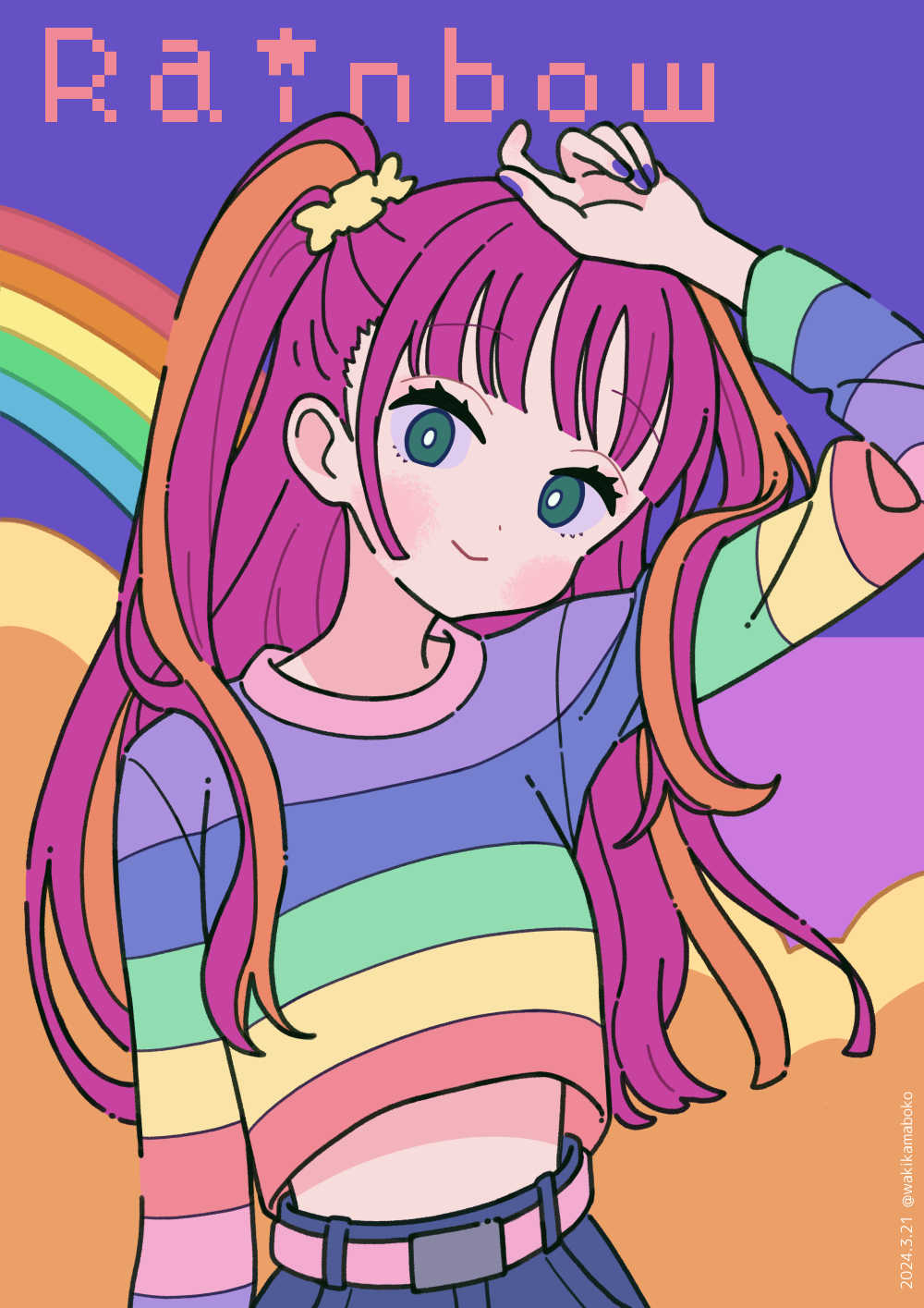 1girl arm_up belt belt_buckle blue_skirt buckle closed_mouth commentary english_text green_eyes head_tilt highres long_hair long_sleeves looking_at_viewer midriff_peek multicolored_hair nail_polish neki_(wakiko) orange_hair original pink_belt purple_hair purple_nails rainbow rainbow_print shirt skirt smile solo streaked_hair striped_clothes striped_shirt two_side_up very_long_hair