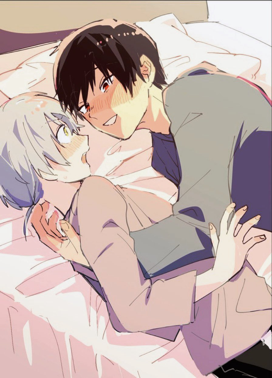 2boys black_hair blush commentary_request from_side fumetsu_no_anata_e fushi hair_between_eyes highres hug kahaku_(fumetsu_no_anata_e) looking_at_another low_ponytail male_focus multiple_boys niyamo on_bed open_mouth pillow profile red_eyes shirt short_hair sketch smile upper_body white_hair wide-eyed yaoi yellow_eyes