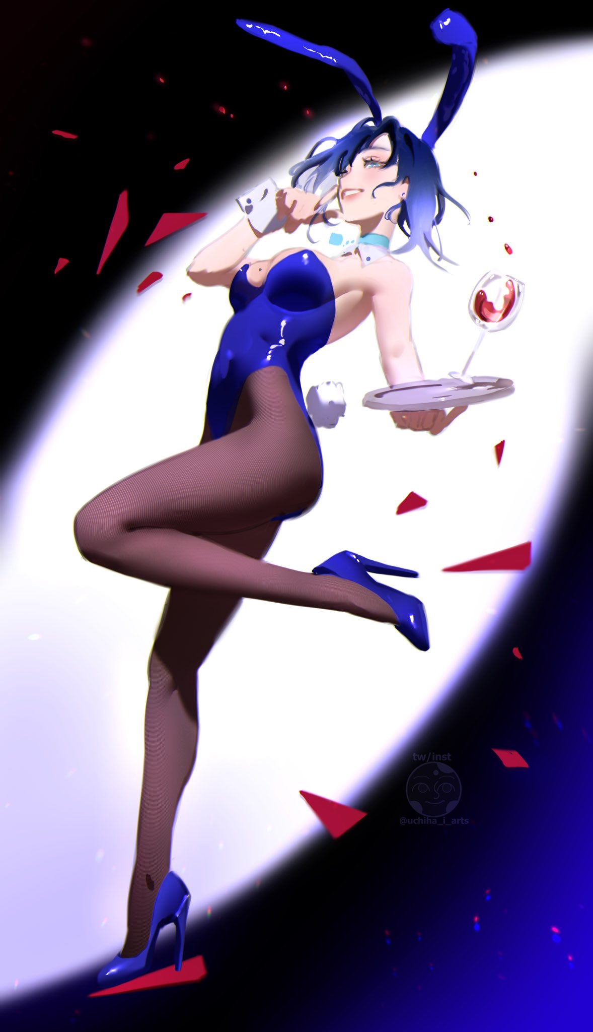 1girl alternate_costume animal_ear_hairband animal_ears blue_choker blue_eyes blue_footwear blue_hair blue_leotard bob_cut breasts choker cup detached_collar drinking_glass fake_animal_ears finger_to_mouth genshin_impact hairband hand_up high_heels highres holding holding_plate leg_up leotard messy_hair mole mole_on_breast pantyhose plate rabbit_ear_hairband rabbit_ears rabbit_tail red_wine shards simple_background smile solo standing standing_on_one_leg strapless strapless_leotard tail teeth uchiha_i_arts white_wrist_cuffs wine_glass wrist_cuffs yelan_(genshin_impact)