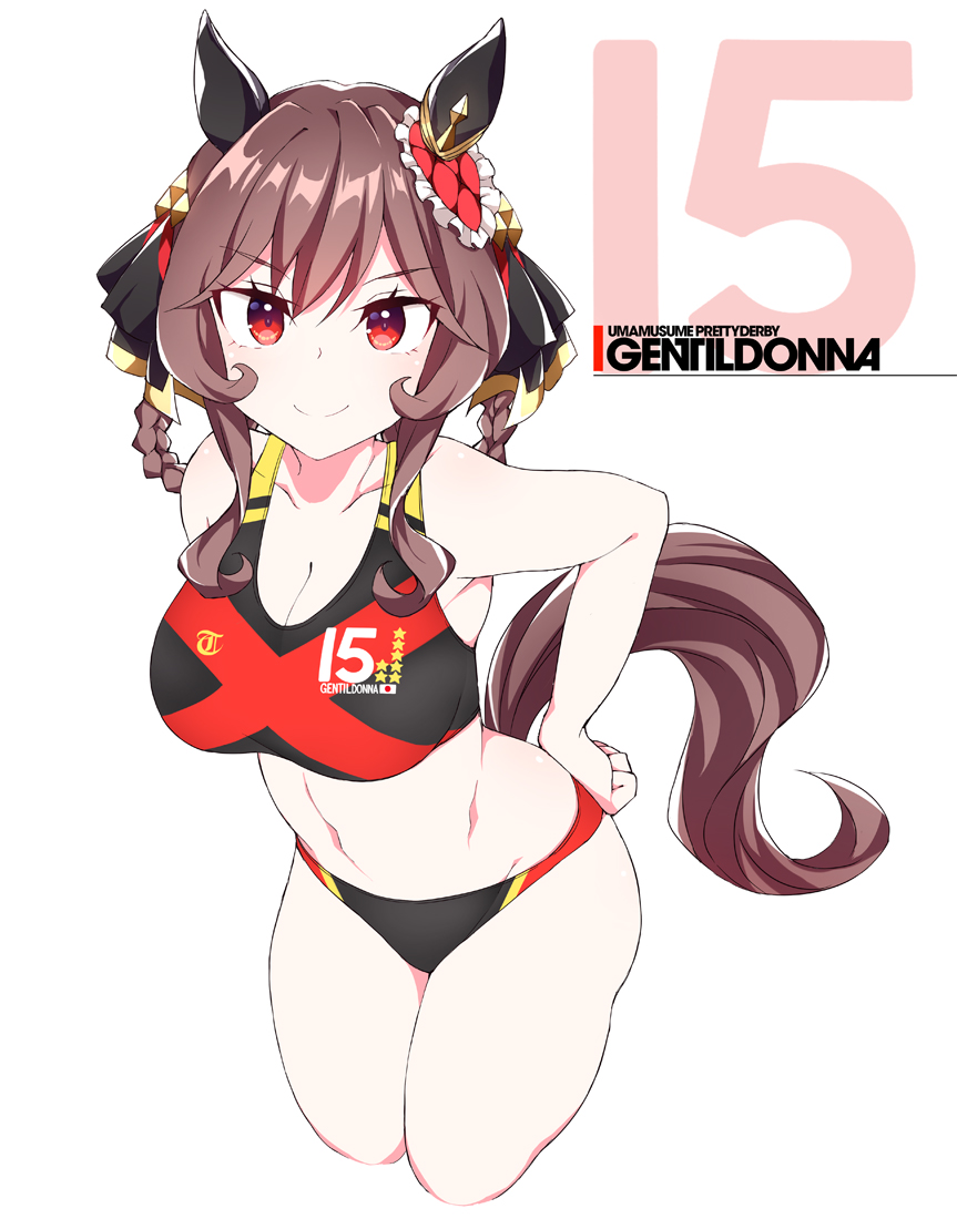 1girl animal_ears black_buruma braided_hair_rings breasts brown_hair buruma cleavage cowboy_shot cropped_legs ear_covers gentildonna_(umamusume) heart-shaped_ornament heart_ear_ornament horse_ears horse_girl horse_tail large_breasts looking_at_viewer numbered red_eyes red_sports_bra shigino_sohuzi simple_background solo sports_bikini sports_bra tail two-tone_buruma two-tone_sports_bra umamusume white_background