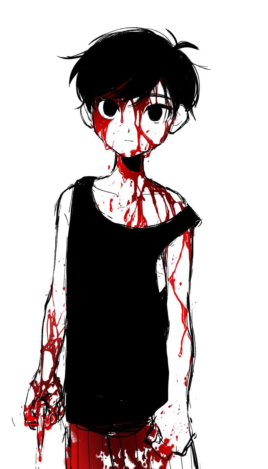 1boy antenna_hair arms_at_sides bare_arms black_eyes black_hair black_tank_top blood blood_on_arm blood_on_clothes blood_on_face blood_on_hands blood_on_knife closed_mouth collarbone expressionless hair_behind_ear highres holding holding_knife knife no_pupils omori omori_(omori) short_hair shorts solo spot_color strap_slip striped_clothes striped_shorts tank_top thxzmgn vertical-striped_clothes vertical-striped_shorts