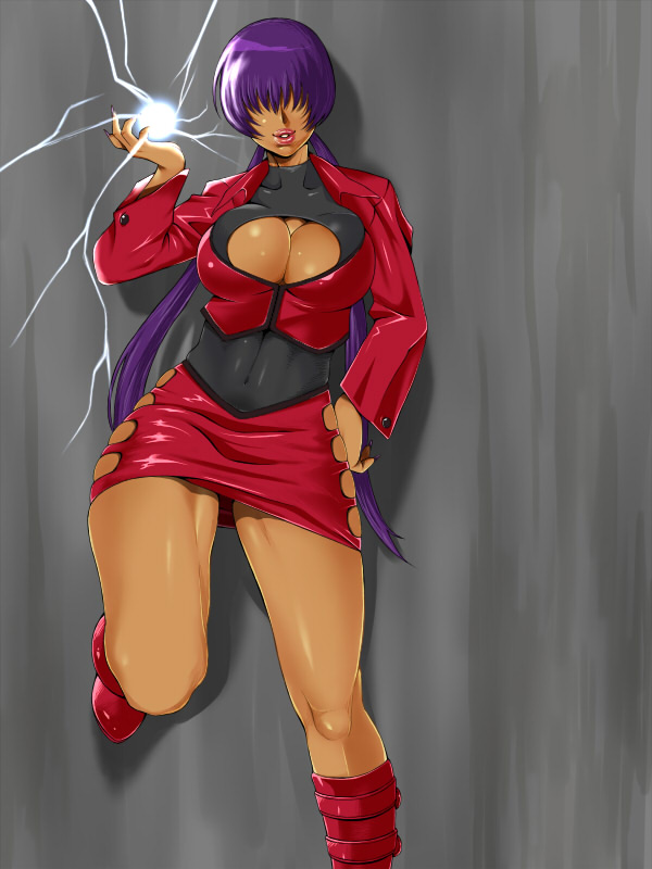 alternate_color boots breasts cleavage cleavage_cutout cropped_jacket dark_persona dark_skin electricity energy_ball hair_over_eyes hand_on_hip hdkg jacket large_breasts leotard lips long_hair miniskirt open_clothes open_jacket orochi_shermie purple_hair shermie skindentation skirt solo the_king_of_fighters thick_thighs thighs twintails