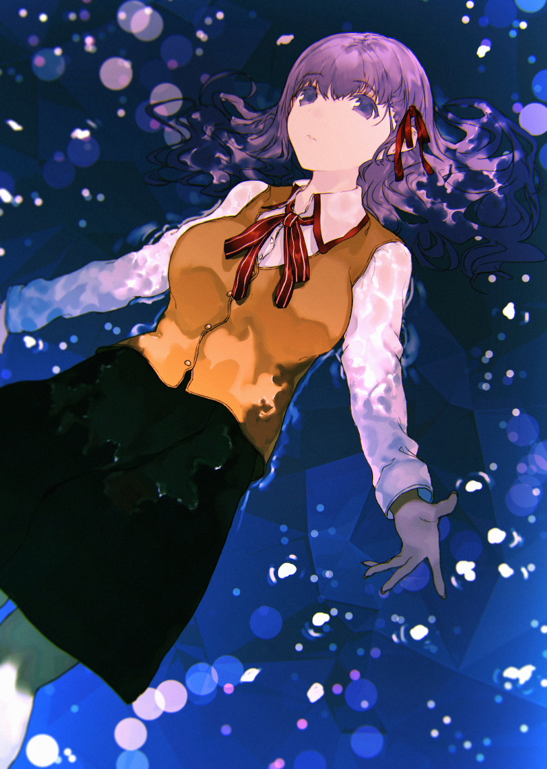 1girl afloat bad_id bad_pixiv_id black_skirt breasts brown_vest closed_mouth collared_shirt fate/stay_night fate_(series) fifuth hair_ribbon homurahara_academy_school_uniform large_breasts long_hair long_sleeves looking_at_viewer lying matou_sakura neck_ribbon on_back partially_submerged purple_eyes purple_hair red_ribbon ribbon school_uniform shirt skirt solo striped_ribbon vest water wet wet_clothes white_shirt