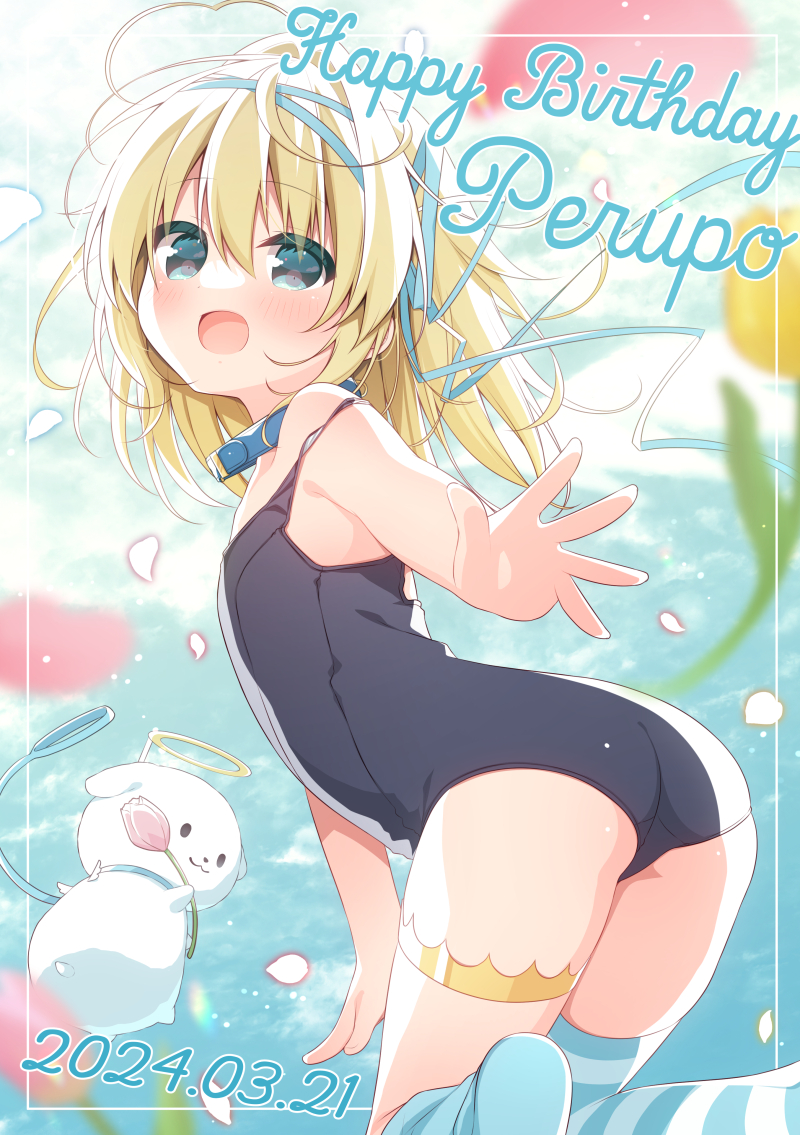 1girl ass bare_arms bare_shoulders blonde_hair blue_collar blue_eyes blue_one-piece_swimsuit blue_ribbon blue_sky blue_socks cloud collar commentary_request dated day fake_halo flower hair_between_eyes hair_ribbon halo hanamiya_natsuka happy_birthday kneehighs leash long_hair looking_at_viewer looking_to_the_side one-piece_swimsuit original petals pink_flower pink_rose ribbon rose single_kneehigh single_sock single_thighhigh sky socks solo strap_slip striped_clothes striped_thighhighs swimsuit thighhighs