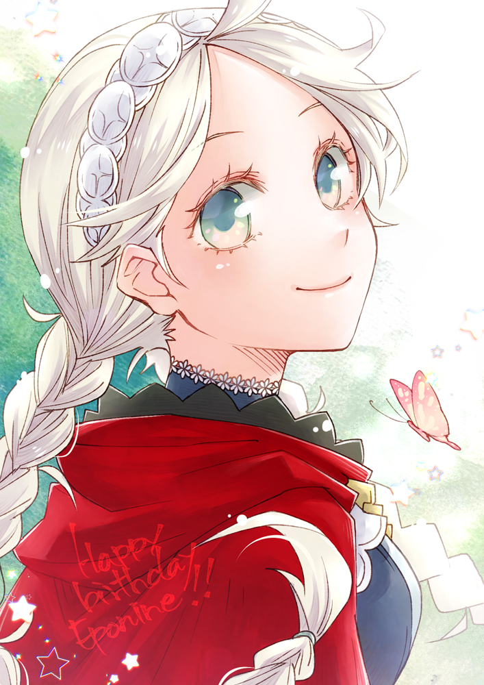 1girl ahoge blue_eyes braid bug butterfly capelet character_name closed_mouth ebi_puri_(ebi-ebi) fire_emblem fire_emblem_fates hairband happy_birthday hood hood_down hooded_capelet light_smile long_hair looking_at_viewer low_twin_braids low_twintails nina_(fire_emblem) parted_bangs red_capelet red_hood solo twin_braids twintails white_hairband