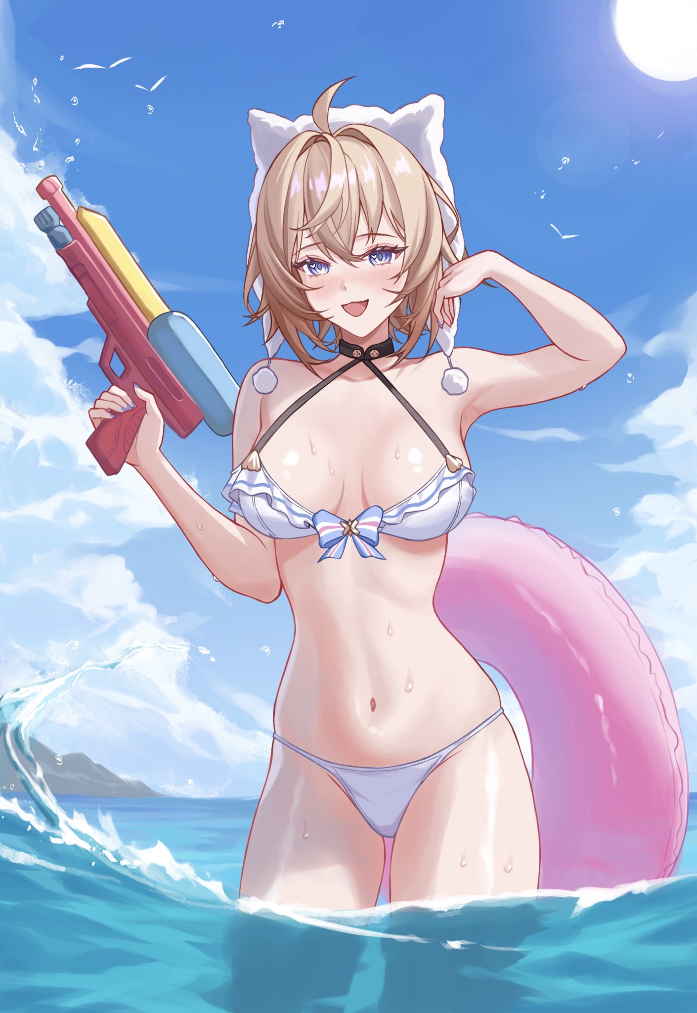 1girl :d ahoge bare_arms bare_shoulders bikini black_choker blonde_hair blue_eyes blue_sky chinoa choker cloud commentary commission day hair_intakes halterneck highres holding holding_water_gun honkai:_star_rail honkai_(series) innertube looking_at_viewer lynx_landau navel open_mouth second-party_source short_hair skeb_commission sky smile solo standing stomach swim_ring swimsuit thighs wading water water_gun white_bikini white_hat