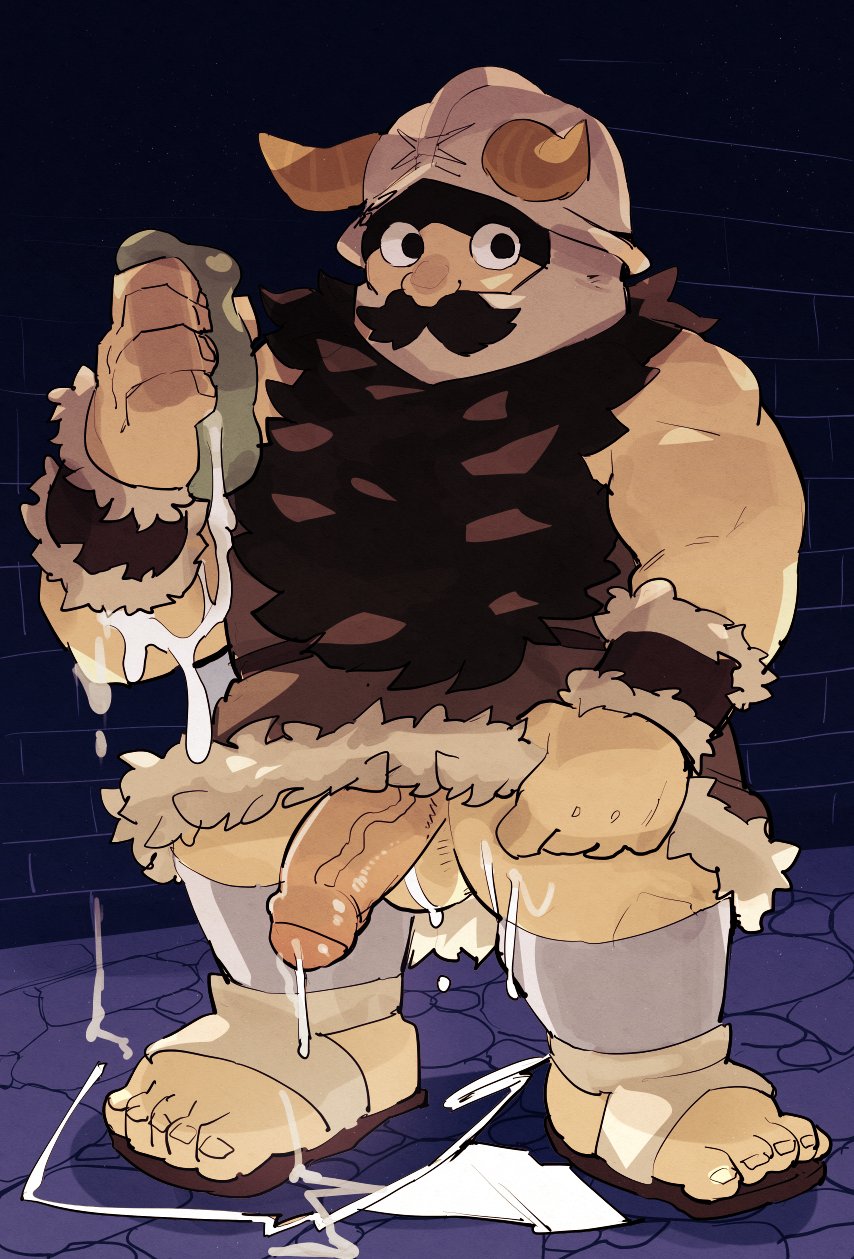 1boy bara beard blank_stare brick_wall brown_hair clothes_lift cum dungeon_meshi dwarf ejaculation facial_hair fake_horns foreskin girthy_penis half-erect helmet highres horned_helmet horns large_feet lifted_by_self long_beard looking_at_viewer male_focus penis senshi_(dungeon_meshi) skirt skirt_lift slime_(creature) snkkdlt solo standing testicles thick_mustache toned toned_male uncensored very_long_beard
