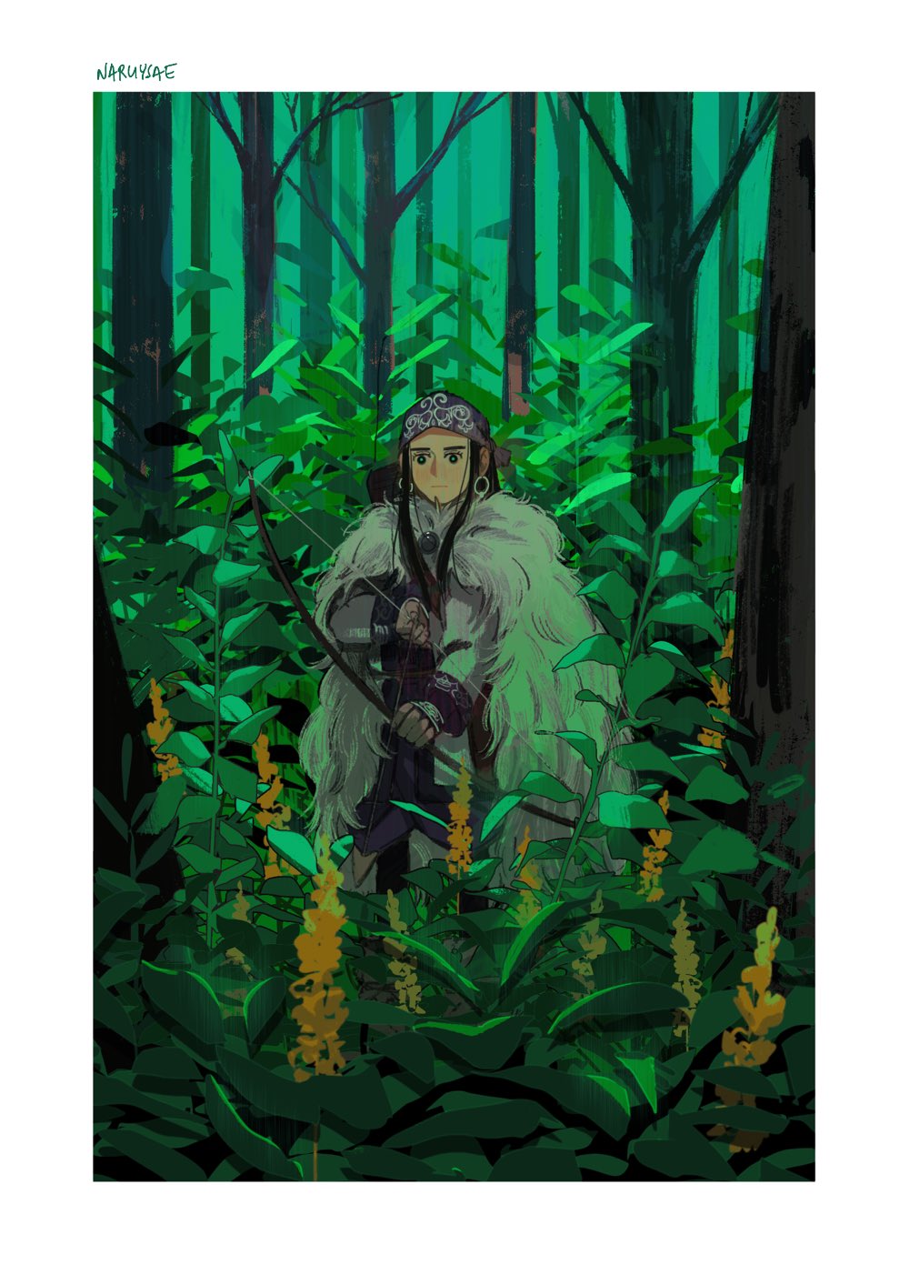 1girl ainu_clothes arrow_(projectile) asirpa black_eyes border bow_(weapon) bright_pupils cape closed_mouth drawing_bow earrings expressionless flower fur_cape golden_kamuy highres holding holding_bow_(weapon) holding_weapon hoop_earrings jewelry long_hair long_sleeves looking_ahead naruysae orange_flower outdoors signature solo weapon white_border white_pupils