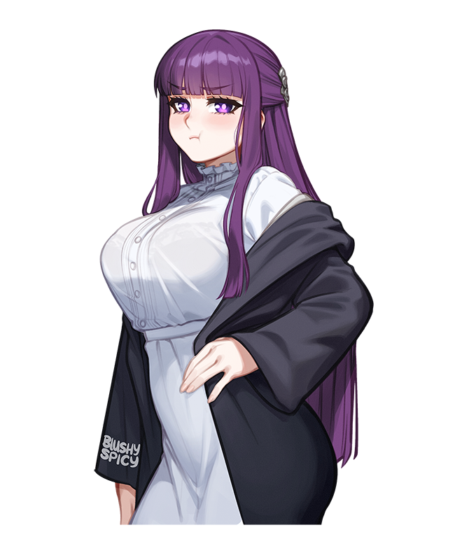 1girl :t black_coat blunt_bangs blush blushyspicy breasts coat dress fern_(sousou_no_frieren) long_hair long_sleeves outline pointy_ears pout purple_eyes purple_hair solo sousou_no_frieren textless_version white_dress white_outline