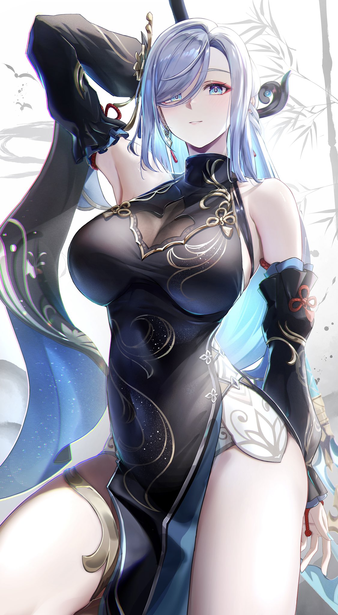 1girl armpits bamboo black_dress black_sleeves blue_eyes breasts chromatic_aberration cleavage cowboy_shot detached_sleeves dress earrings genshin_impact grey_background highres holding holding_polearm holding_weapon jewelry large_breasts long_sleeves looking_at_viewer official_alternate_costume official_alternate_hairstyle otabaaa parted_lips pelvic_curtain polearm see-through see-through_cleavage shenhe_(frostflower_dew)_(genshin_impact) shenhe_(genshin_impact) sleeveless sleeveless_dress solo thighs weapon white_hair