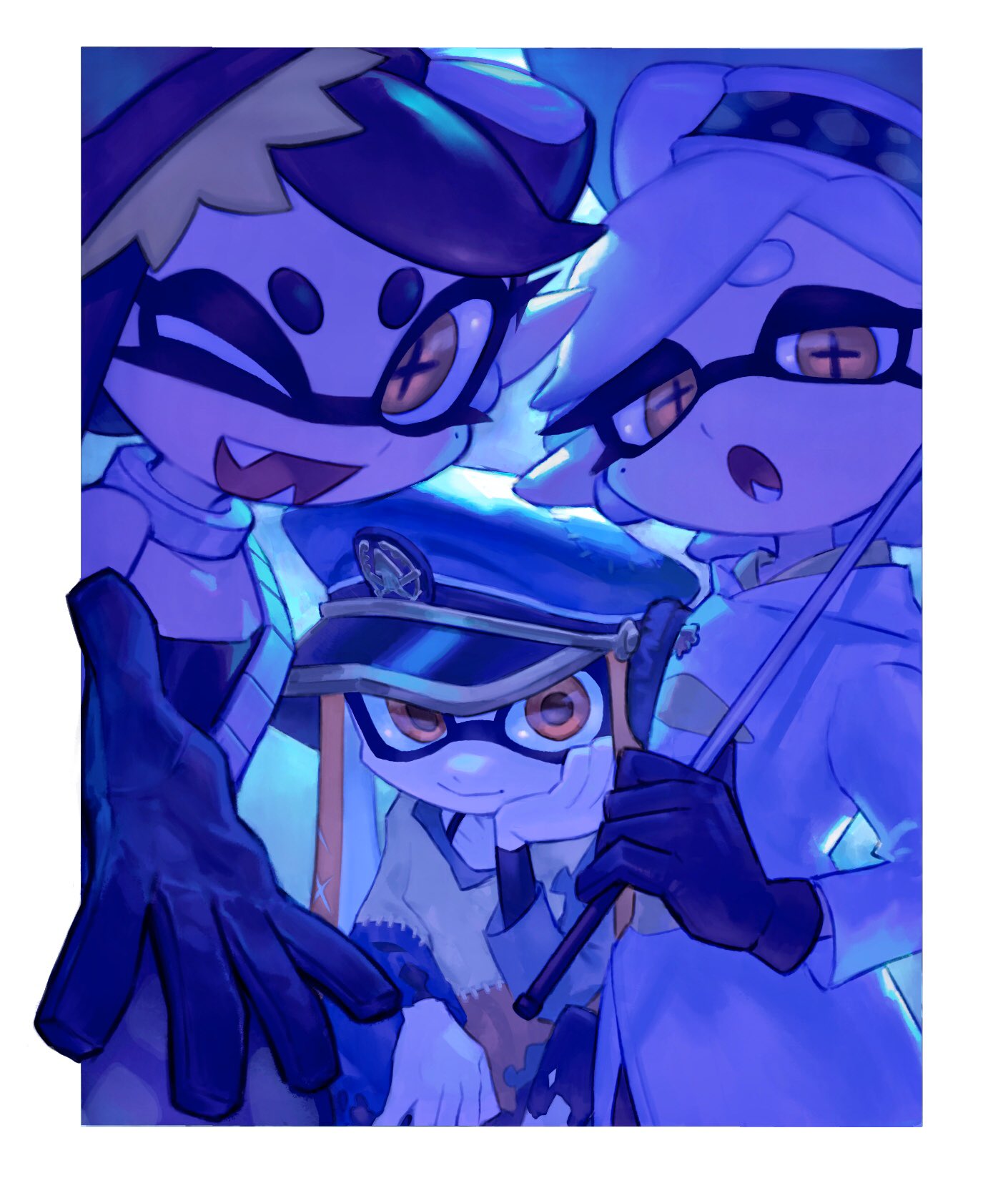 3girls :d agent_3_(splatoon) black_dress black_gloves black_hair blue_hat border bow-shaped_hair bra_strap callie_(splatoon) choker cloak closed_mouth coat commentary_request dress earrings fangs gloves grey_hair hand_on_own_cheek hand_on_own_face hat headphones highres holding holding_umbrella inkling jewelry long_hair looking_at_viewer marie_(splatoon) masshi military_hat mole mole_under_mouth multiple_girls one_eye_closed open_mouth orange_eyes outside_border outstretched_arm patchwork_clothes peaked_cap reaching reaching_towards_viewer short_hair sitting smile splatoon_(series) splatoon_3 squidbeak_splatoon star-shaped_pupils star_(symbol) strapless strapless_dress swept_bangs symbol-shaped_pupils tentacle_hair twintails umbrella white_border white_coat yellow_eyes