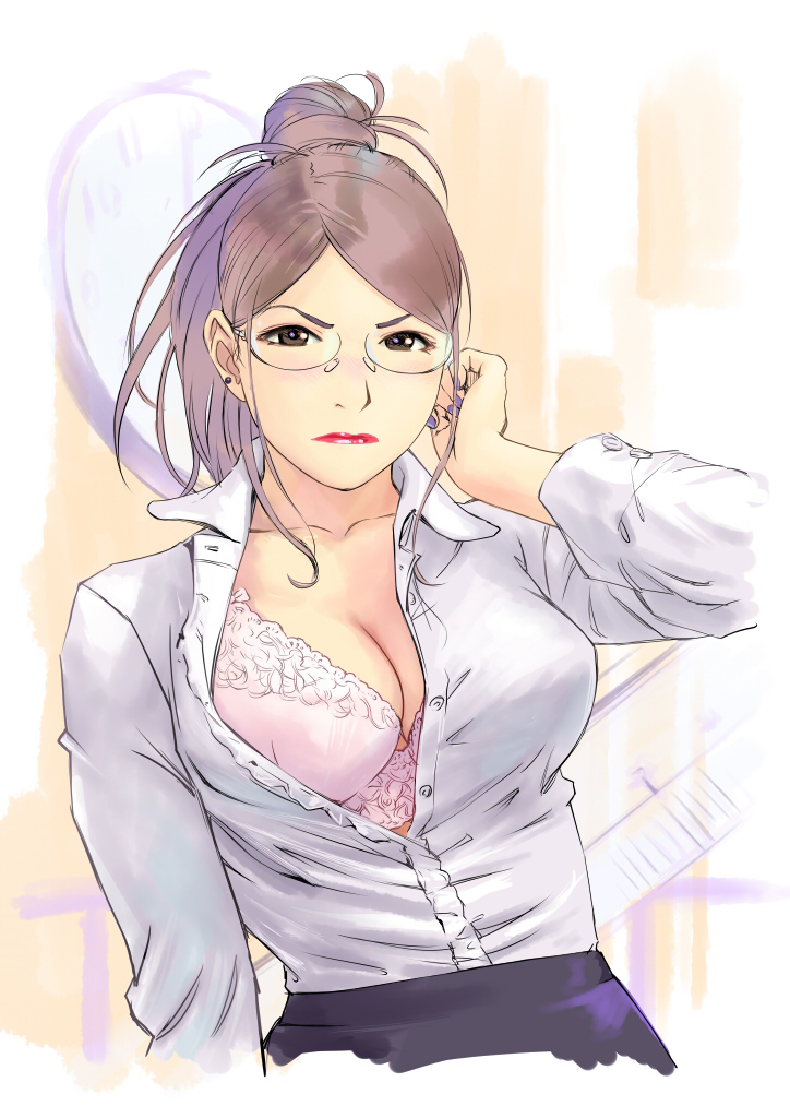 adjusting_hair blouse bra breasts brown_eyes brown_hair carina_(xiaowoo) cleavage frown glasses large_breasts lipstick makeup nail_polish office_lady open_clothes open_shirt original ponytail shirt sketch solo underwear