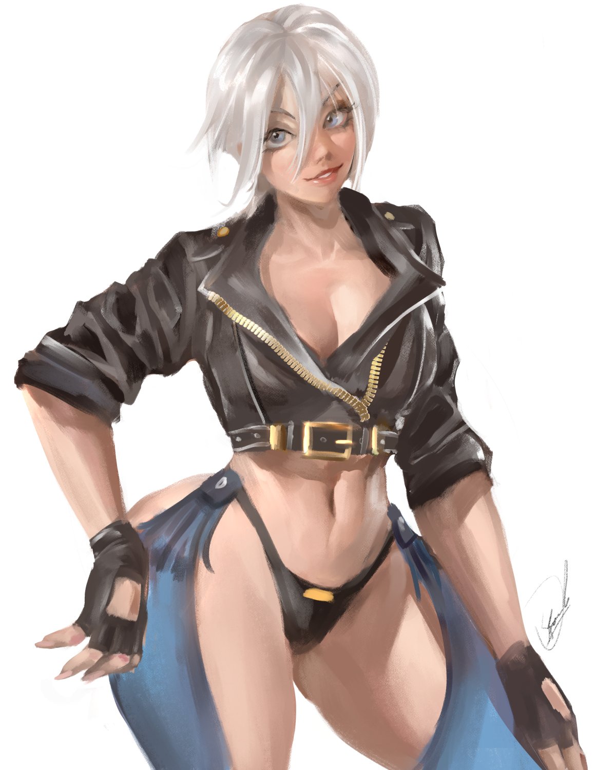 1girl angel_(kof) backless_pants blue_eyes bra breasts chaps cleavage crop_top cropped_jacket fingerless_gloves gloves hair_over_one_eye highres jacket large_breasts leather leather_jacket looking_at_viewer midriff navel orion-m panties pants short_hair smile snk solo strapless strapless_bra the_king_of_fighters the_king_of_fighters_xiv toned underwear white_hair