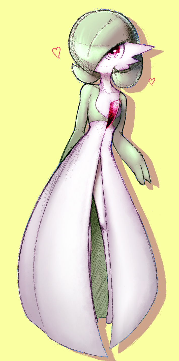 blueman282 bob_cut colored_skin dress gardevoir green_hair hair_over_one_eye heart highres looking_at_viewer multicolored_skin pink_eyes pokemon pokemon_(creature) simple_background smile two-tone_skin white_dress white_skin yellow_background