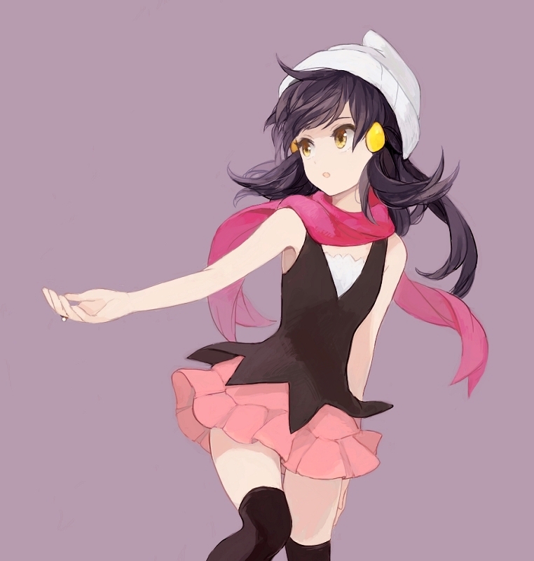 bare_arms bare_shoulders beanie black_hair grey_background hair_ornament hat hirosuke_(psychexx) jewelry platinum_berlitz pokemon pokemon_special ring scarf skirt solo thighhighs yellow_eyes