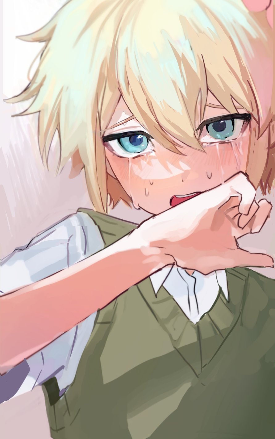 1boy basil_(faraway)_(omori) basil_(omori) blonde_hair blue_eyes collared_shirt crying crying_with_eyes_open green_sweater_vest highres looking_at_viewer omori open_mouth shirt short_hair short_sleeves sike_(dvh_04) solo sweater_vest tears upper_body white_shirt