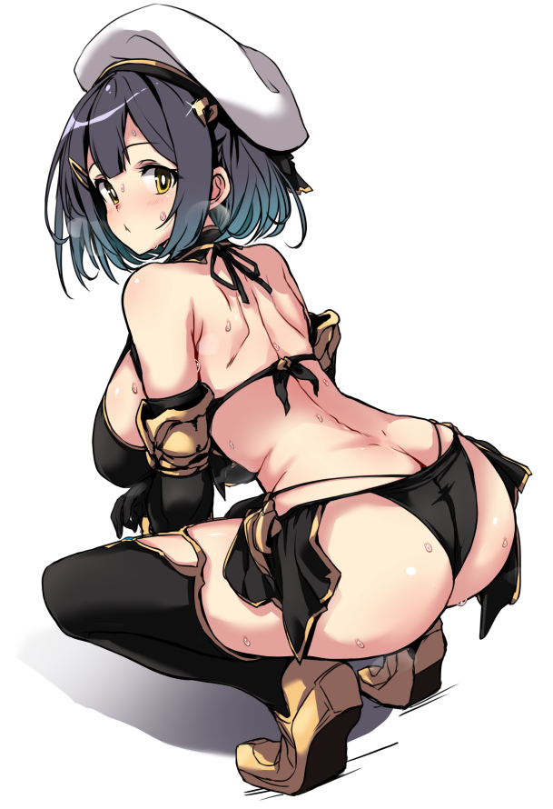 1girl ass back bare_shoulders beret bikini black_bikini black_gloves black_hair black_thighhighs blue_hair blush bob_cut breasts elbow_gloves from_behind gloves gradient_hair hair_ornament hat hirowa_nagi large_breasts looking_at_viewer looking_back multicolored_hair original revealing_clothes short_hair shoulder_blades solo squatting sweat swimsuit thighhighs thong two-tone_hair white_hat yellow_eyes