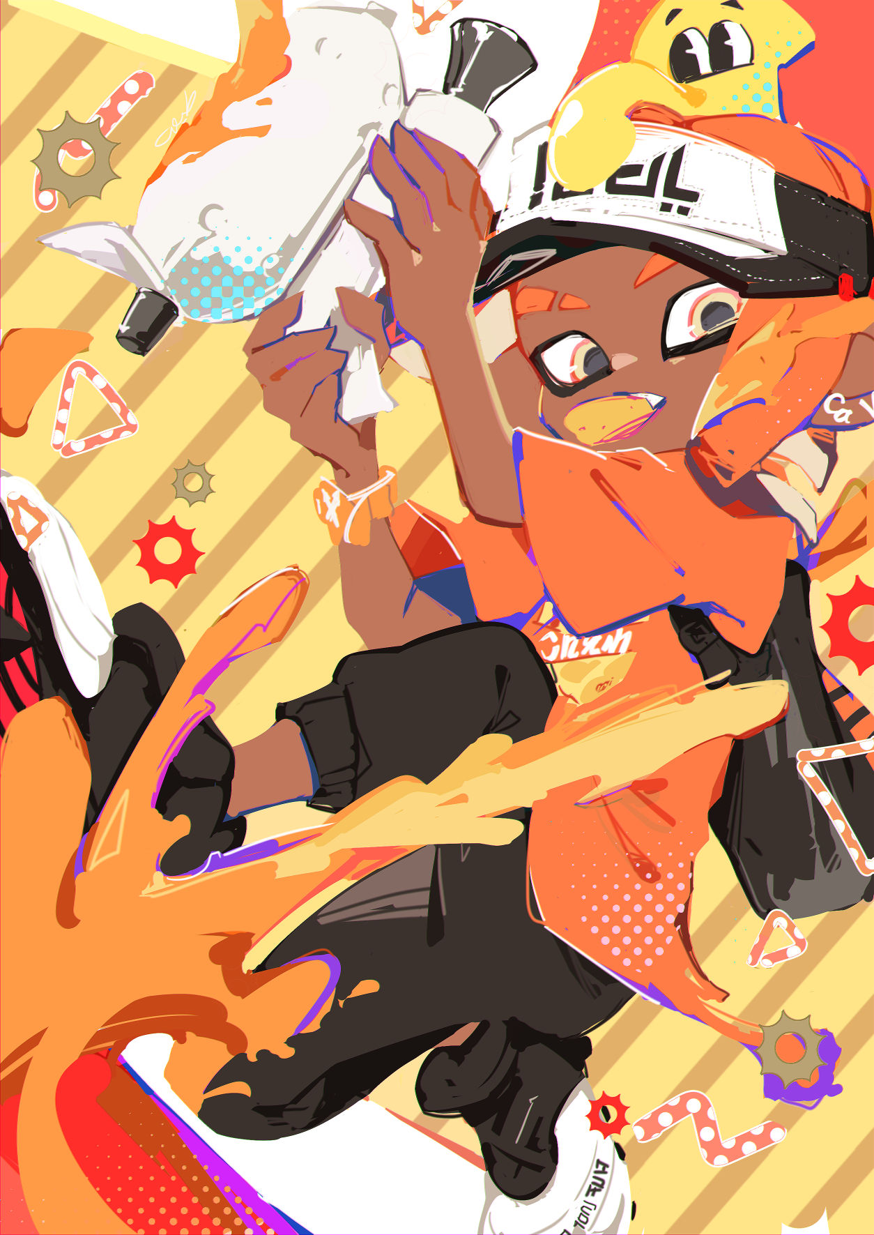 1girl black_pants commentary_request dark-skinned_female dark_skin eyebrow_cut food_in_mouth highres ink_tank_(splatoon) kandori_makoto medium_hair octoling octoling_girl octoling_player_character orange_eyes orange_hair orange_shirt order_shot_(splatoon) paint pants print_headwear print_shirt shirt solo splatoon_(series) splatoon_3 striped_background tentacle_hair thick_eyebrows visor_cap yellow_background