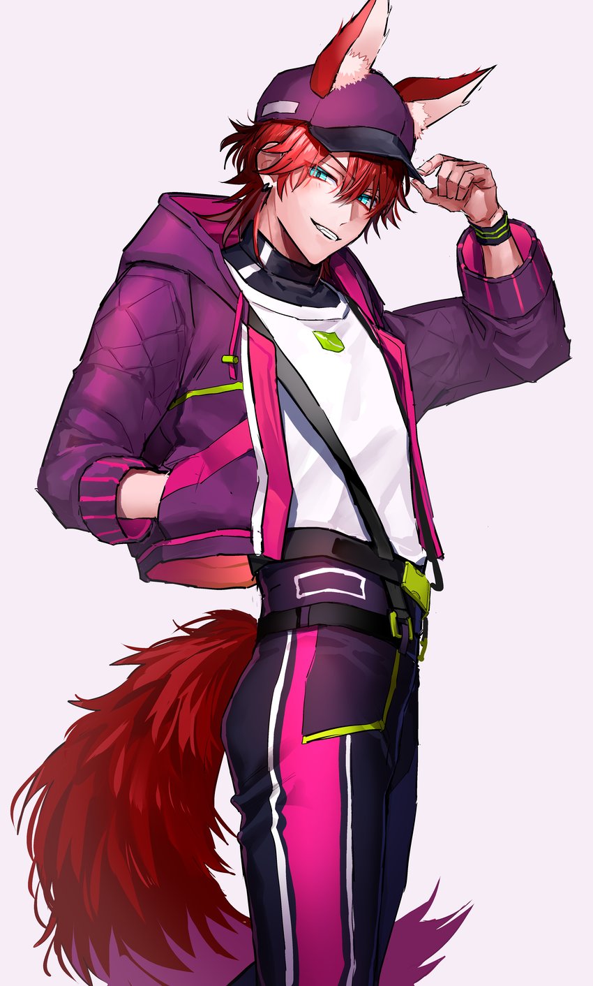 1boy amagi_rinne animal_ears aqua_eyes commentary_request earrings ears_through_headwear ensemble_stars! fake_animal_ears fox_boy fox_ears fox_tail from_side grin hair_between_eyes hat high-waist_pants highres hood hooded_jacket jacket jewelry koi_koi_cafe_(ensemble_stars!) layered_clothes looking_at_viewer male_focus multicolored_clothes multicolored_jacket multicolored_pants oshirase pants pink_jacket pink_pants purple_jacket red_hair short_hair slit_pupils smile solo standing suspenders tail upper_body white_background