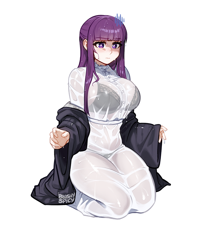 1girl black_coat blunt_bangs blush blushyspicy breasts coat dress english_commentary fern_(sousou_no_frieren) large_breasts long_hair long_sleeves outline purple_eyes purple_hair see-through sousou_no_frieren thighs underwear wavy_mouth wet wet_clothes white_dress white_outline