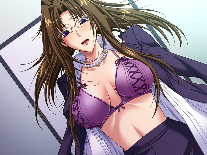 1girl black_rainbow blush bra breasts brown_hair cleavage game_cg glasses jewelry large_breasts long_hair lying navel necklace open_clothes open_mouth open_shirt purple_bra purple_eyes shirt skirt solo soukan_yuugi_2 underwear