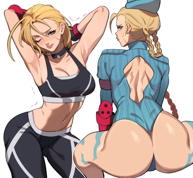 blonde_hair blue_eyes camie_(one_piece) cammy_white exercise gloves gym_uniform non-web_source street_fighter stretching swimsuit