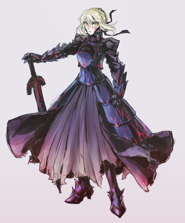armor armored_dress artoria_pendragon_(all) dark_excalibur dress fate/stay_night fate_(series) gauntlets hair_ribbon hands_on_hilt planted_sword planted_weapon ribbon saber_alter shiga_(nattou_mo) solo sword weapon white_hair yellow_eyes