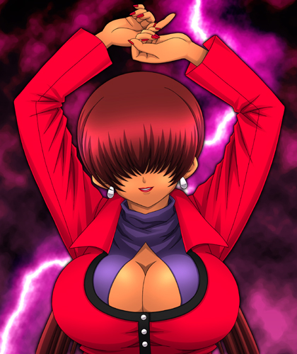 arms_up breasts brown_hair cleavage cleavage_cutout dark_persona dark_skin earrings hair_over_eyes huge_breasts impossible_clothes jewelry leotard lightning lipstick lowres makeup nail_polish orochi_shermie pluco shermie smile solo split_ponytail the_king_of_fighters twintails