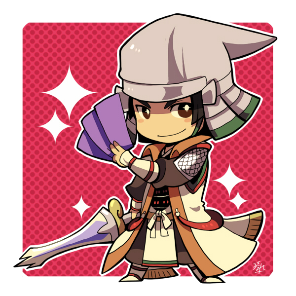 1boy blush_stickers border brown_eyes brown_pants card closed_mouth full_body holding holding_card holding_sword holding_weapon japanese_clothes kotorai looking_at_viewer male_focus naoe_kanetsugu_(sengoku_musou) no_nose pants sengoku_musou smile solo sparkle standing sword weapon white_border white_hat